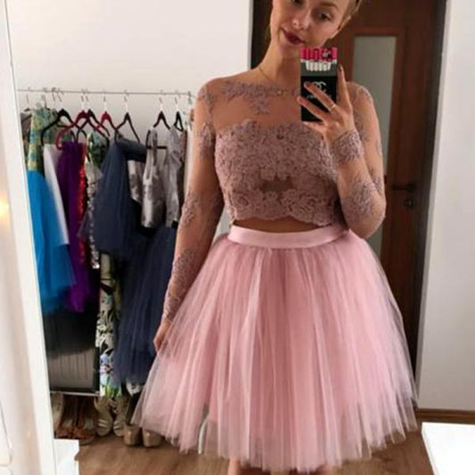 Bateau Long Pink Two Pieces Homecoming Dresses Lace A Line Mara Sleeve Appliques Tulle Pleated