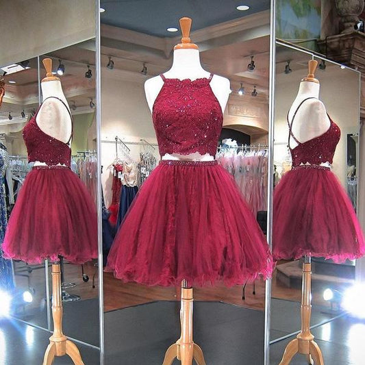Burgundy Beading Halter Criss Cross Backless Two Pieces Homecoming Dresses A Line Akira Organza