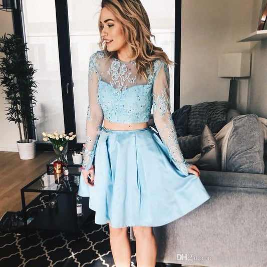 Long A Line Lace Delilah Satin Homecoming Dresses Two Pieces Sleeve Jewel Appliques Sheer Light Blue