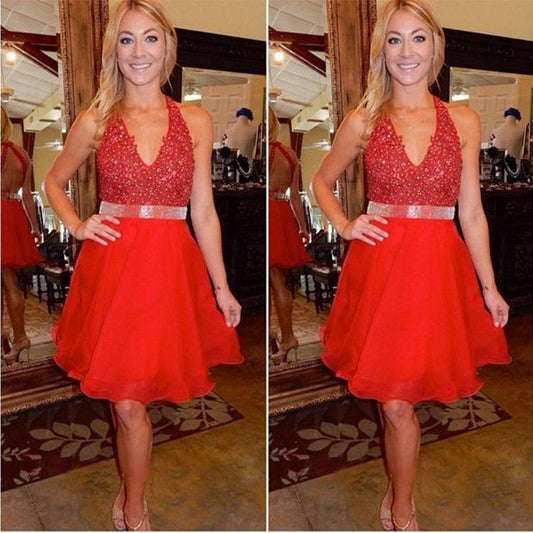 Homecoming Dresses Chiffon Cheyanne A Line Backless Halter V Neck Red Beading Knee Length