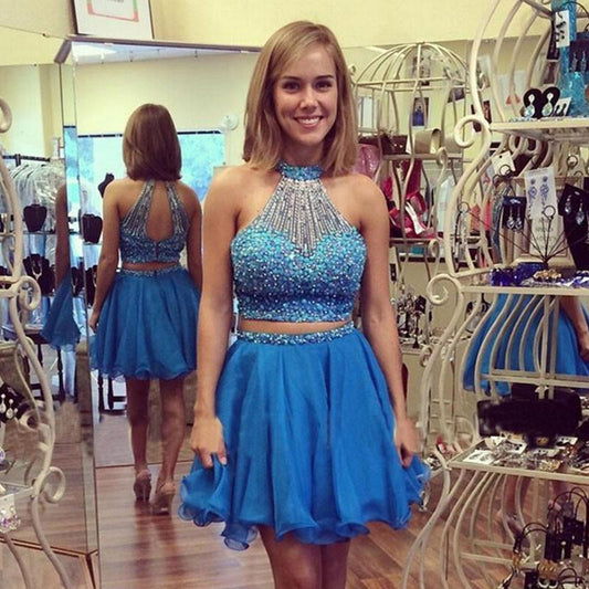 Backless Halter Sleeveless Homecoming Dresses Katie Two Pieces A Line Beading Organza Blue