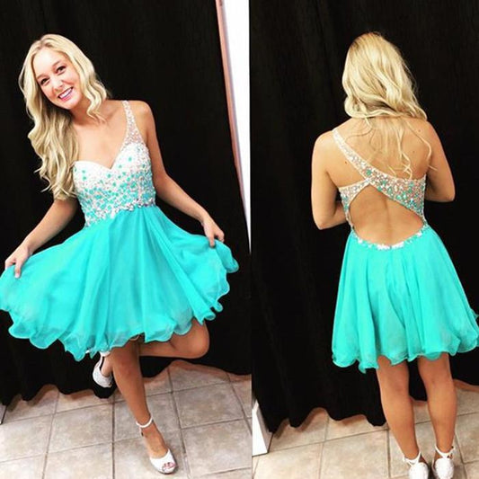 Straps V Neck Sleeveless Blue Janet Chiffon Homecoming Dresses A Line Backless Beading Cut Out