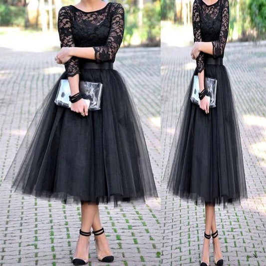 Scoop Black A Line Kierra Homecoming Dresses Lace Long Sleeve Sheer Tulle Pleated Elegant