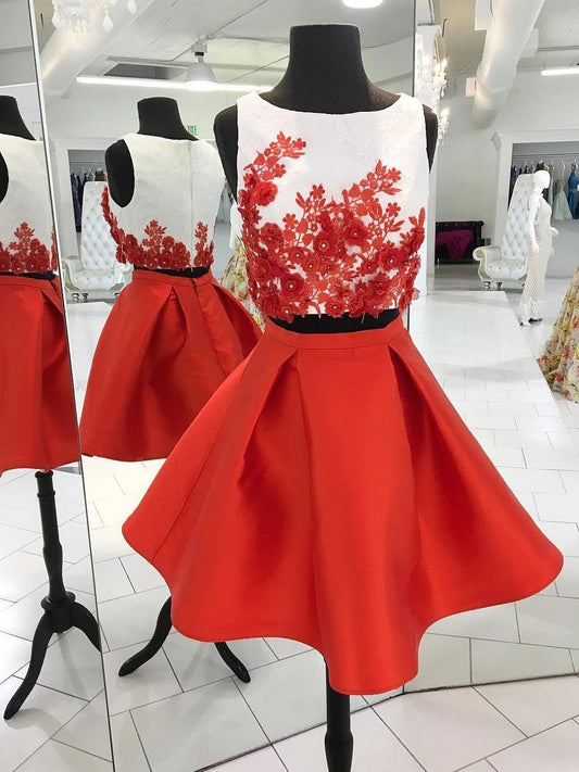 Sleeveless Jewel Pleated Red Appliques Satin Two Pieces Homecoming Dresses Karla Flowers Short