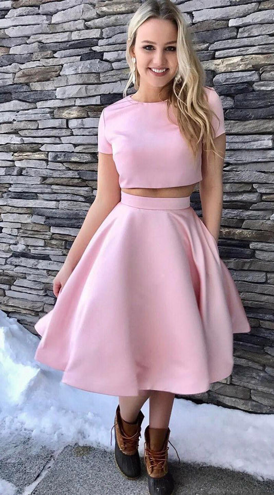 Short Sleeve Jewel Satin A Line Two Pieces Lorelei Pink Homecoming Dresses Pleated