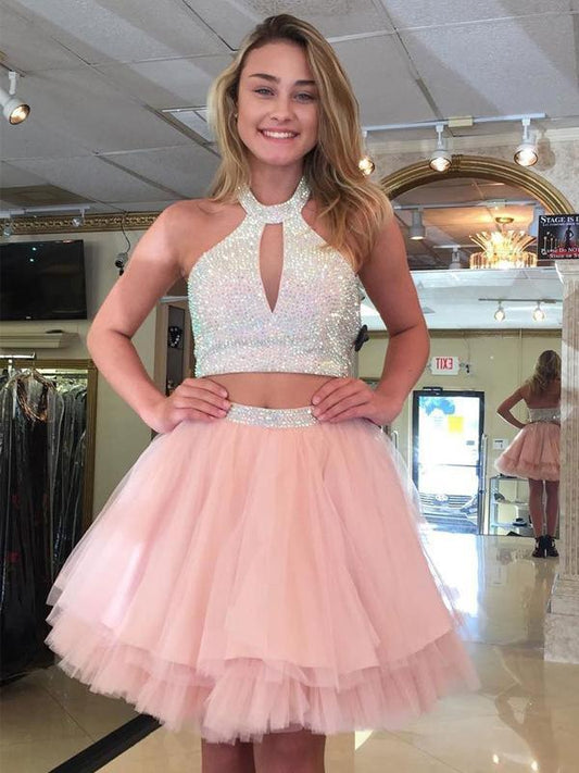 Halter Sleeveless Cut Out Pink Jo A Line Homecoming Dresses Two Pieces Pleated Tulle Beading