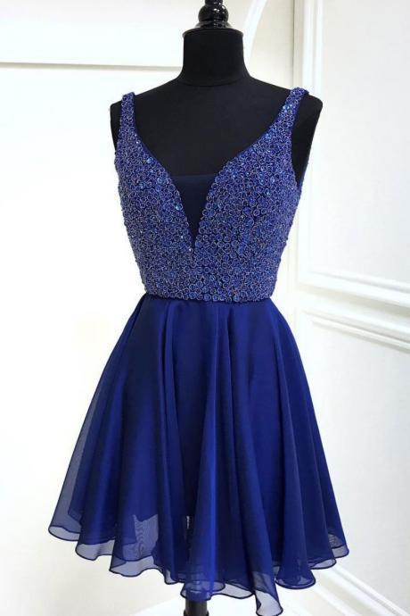 Deep V Neck Paris A Line Royal Blue Chiffon Homecoming Dresses Appliques Sparkle Sleeveless
