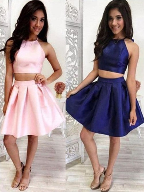 A Line Satin Isabell Homecoming Dresses Two Pieces Halter Sleeveless Short Pleated