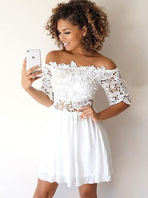 Half Sleeve Off Homecoming Dresses Chiffon Hope A Line The Shoulder Appliques Hollow Pleated White