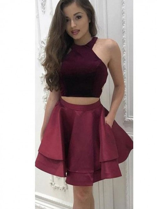 Halter Sleeveless Burgundy Pleated A Line Two Pieces Macy Satin Homecoming Dresses Tiered Short
