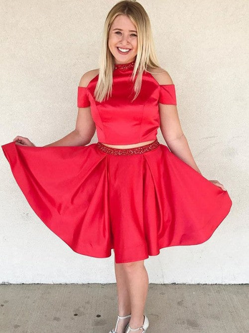 Off The Shoulder Jewel Red Homecoming Dresses Satin Krista A Line Two Pieces Pleated Beading