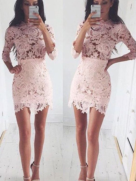 Jewel Long Sleeve Flowers Appliques Homecoming Dresses Pink Amiah Lace Sheath Short