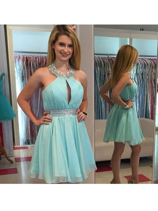 Halter Sleeveless Pleated Homecoming Dresses A Line Chiffon Shaylee Blue Cut Out Rhinestone