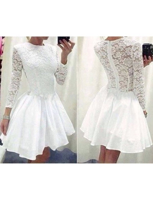 Long Sleeve A Line Satin Katherine Lace Homecoming Dresses Jewel White Pleated Appliques
