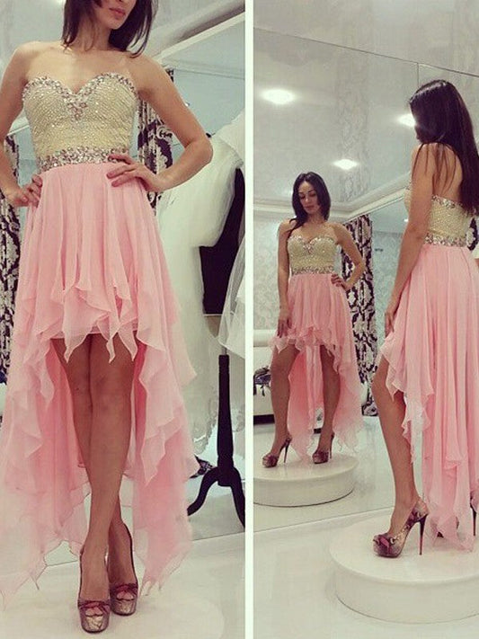 High Low Strapless A Line Homecoming Dresses Pink Chiffon Adelaide Sweetheart Backless Beading