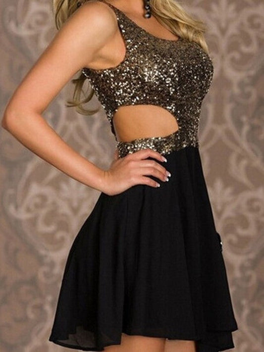 Scoop Sleeveless Cut Out Black Short Sexy Angel Chiffon Homecoming Dresses A Line Sequins