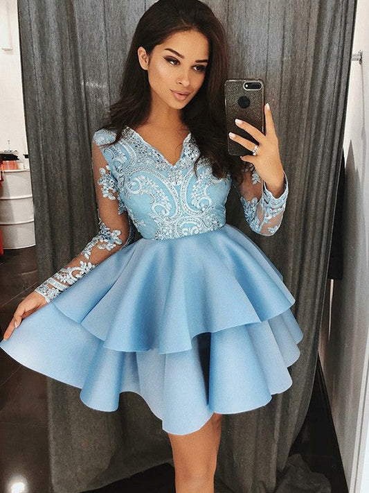 Long Sleeve Sheer V Neck Appliques Satin Willow Homecoming Dresses Ball Gown Tiered Blue