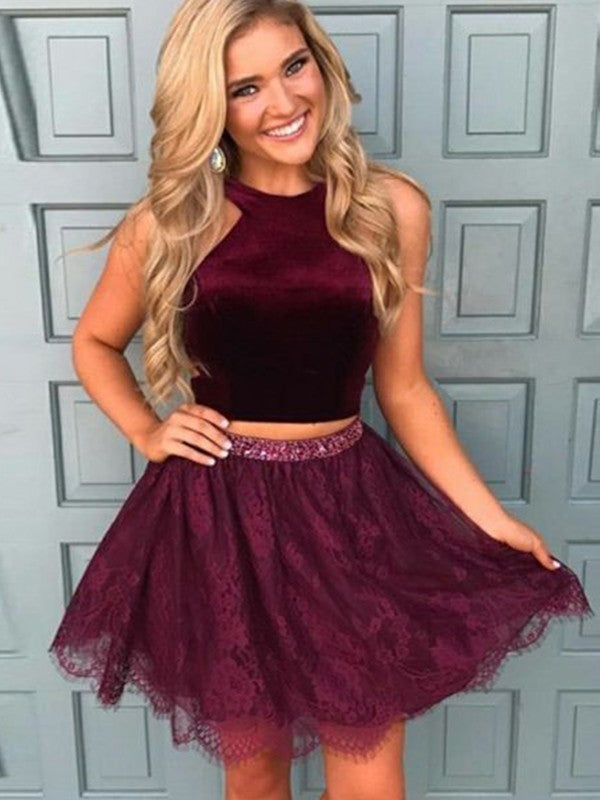 Burgundy Halter Sleeveless Two Pieces A Line Roselyn Homecoming Dresses Lace Flowers Beading