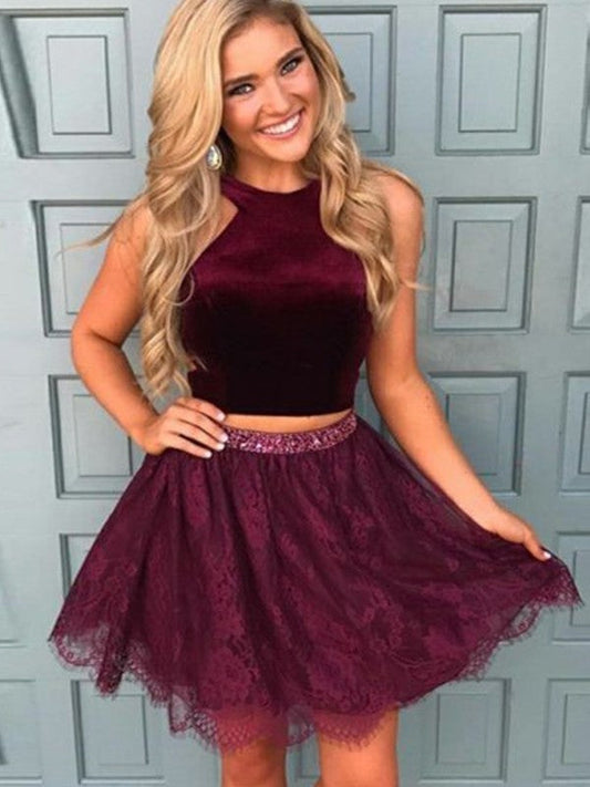 Burgundy Halter Sleeveless Two Pieces A Line Roselyn Homecoming Dresses Lace Flowers Beading