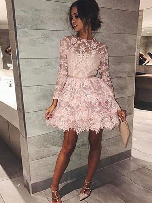 Long Sleeve A Line Rachel Homecoming Dresses Lace Pink Jewel Tiered Short Flowers Sheer
