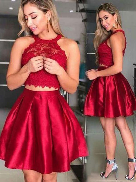 Thalia Homecoming Dresses Satin Two Pieces Lace A Line Sleeveless Halter Pleated Short Red