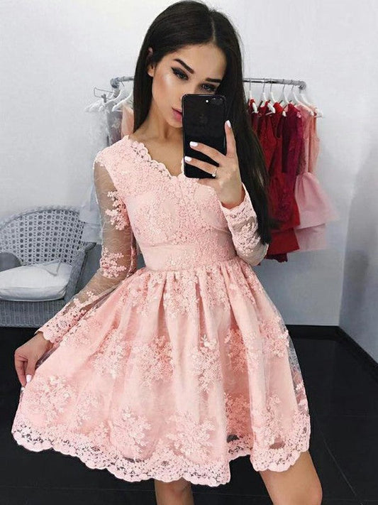 Long Sleeve Homecoming Dresses A Line Lace Cailyn Pink V Neck Appliques Sheer Flowers Short