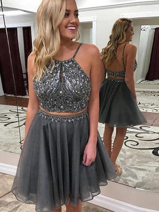 Halter Spaghetti Straps Corinne Two Pieces Homecoming Dresses A Line Grey Backless Organza Beading