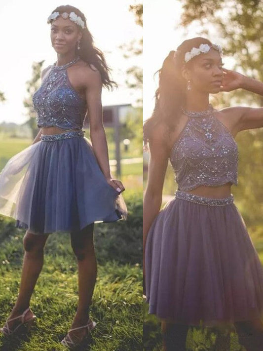 Kathy Two Pieces Homecoming Dresses A Line Halter Sleeveless Pleated Tulle Beading Short