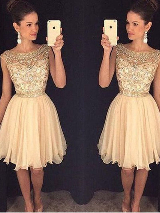 Scoop Cap A Line Homecoming Dresses Kaleigh Chiffon Sleeve Champagne Beading Knee Length Pleated