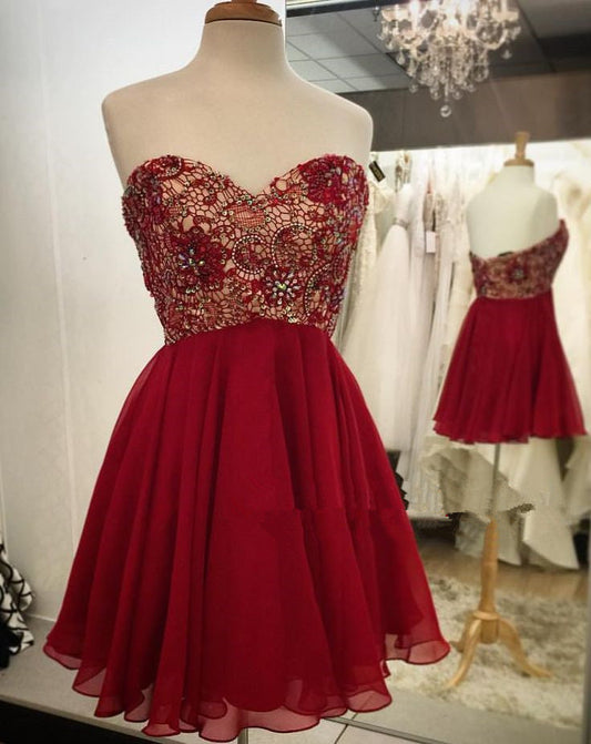 Backless A Line Homecoming Dresses Lace Chiffon Alma Strapless Sweetheart Red Pleated Beading