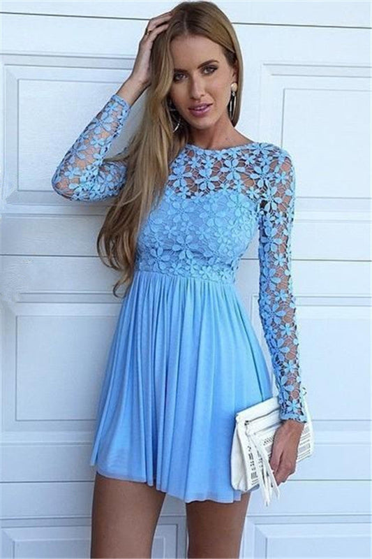 Jewel Long Homecoming Dresses A Line Chiffon Emmy Lace Sleeve Blue Hollow Flowers Pleated