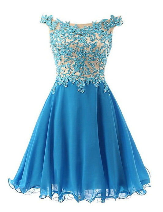 Off The Shoulder Blue Pleated Appliques Lily Homecoming Dresses Chiffon A Line Flowers