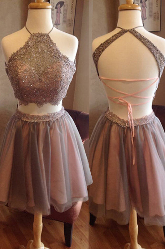 Halter Backless Sleeveless Homecoming Dresses A Line Two Pieces Anabelle Straps Tulle Pleated