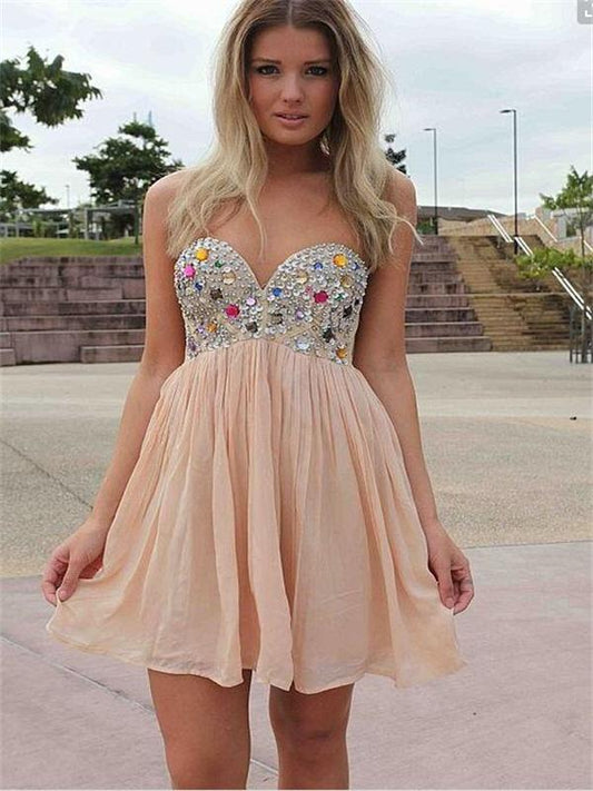 Strapless Sweetheart Mylie Ivory Homecoming Dresses Chiffon A Line Pleated Rhinestone Sparkle Short