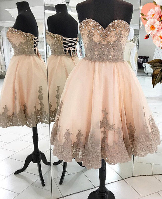 Strapless Ayana A Line Homecoming Dresses Lace Sweetheart Backless Appliques Rhinestone Pleated