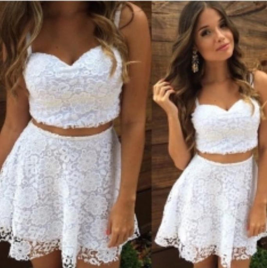 Spaghetti Straps Sweetheart White Homecoming Dresses A Line Lace Two Pieces Cristal Short