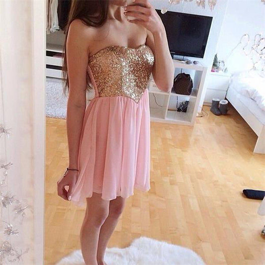 Strapless Sweetheart Chiffon Pink Adelaide Homecoming Dresses A Line Pleated Short Sequins