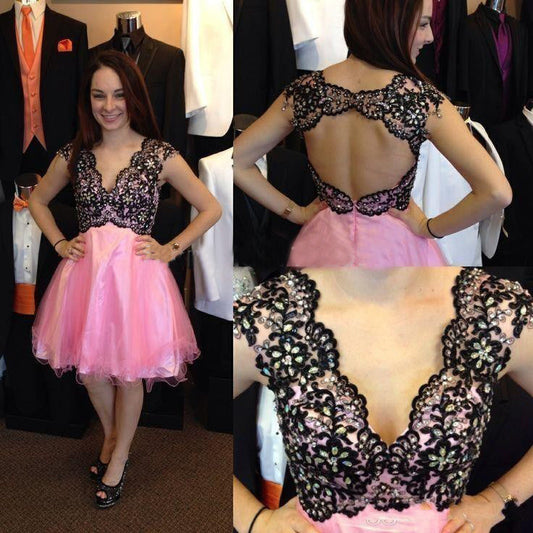 Cap A Line Lace Pink Marlee Homecoming Dresses Sleeve V Neck Backless Appliques Rhinestone Organza