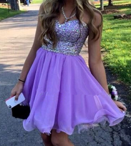 Strapless Sweetheart Beading Pleated Lilac A Line Homecoming Dresses Chiffon Kailey Short