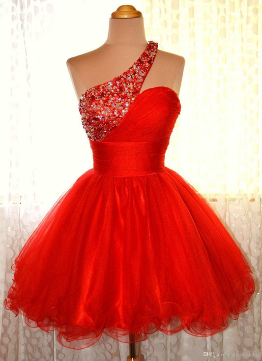 One Shoulder Jaylee Homecoming Dresses A Line Red Sleeveless Organza Pleated Rhinestone