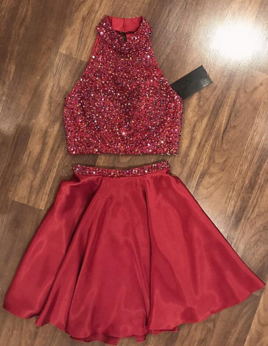 Halter Sleeveless Red Beading Homecoming Dresses Lauren A Line Satin Two Pieces Pleated Short