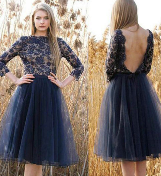 Muriel A Line Lace Homecoming Dresses Jewel Long Sleeve Dark Navy Backless Flowers Tulle Pleated