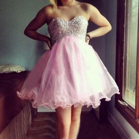 A Line Homecoming Dresses Rylee Pink Organza Pleated Strapless Sweetheart Beading Short