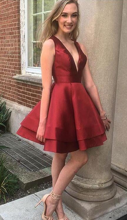 A Line Ali Homecoming Dresses Satin Deep V Neck Sleeveless Burgundy Tiered Pleated Sexy