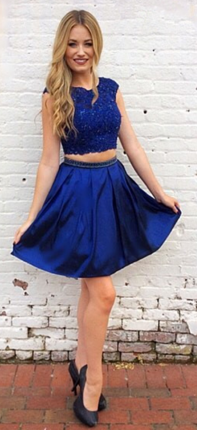 Cap Sleeve Pleated Appliques Satin A Line Two Pieces Royal Blue Homecoming Dresses Addison Short