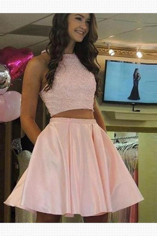 Halter Jewel A Line Homecoming Dresses Pink Two Pieces Satin Leslie Sleeveless Pleated
