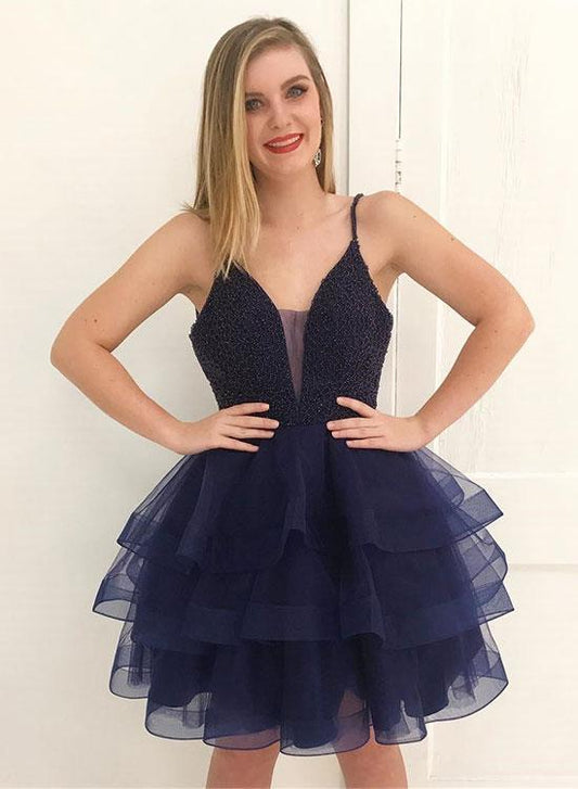 Spaghetti Straps Deep V Neck Ball Caitlyn Homecoming Dresses Gown Tiered Dark Navy Organza