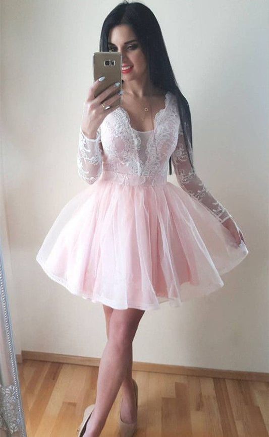 Long Sleeve Sheer Tulle Pleated Short Deep Lace Glenda Pink Homecoming Dresses V Neck Exquisite