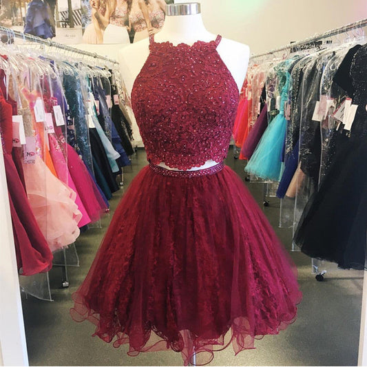 Burgundy Halter Sleeveless Appliques Karly Homecoming Dresses Two Pieces Lace A Line Organza