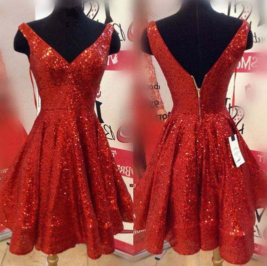 V Neck Gwen Homecoming Dresses A Line Sleeveless Backless Pleated Sequins Red Sparkle